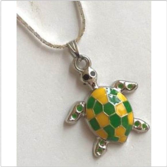 Sea Turtle Necklace Yellow Green Sea Life Island Nautical Silver Plated Pendant - Picture 2 of 8